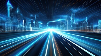 Warp speed in hyperloop with blue light from megacity building lights at night. Next-generation technology concept. generative ai