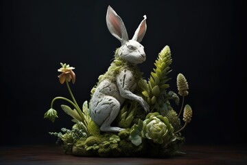 Fairy-tale figurine of a rabbit with flowers on a black background. Generated AI