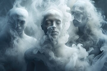 Portrait of a beautiful woman with smoke on a black background. Generated AI