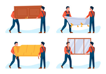 Movers carry different loads. Man in overalls moving doors and windows. Bathtub and couch. House repair. Bath and sofa renovation. Furniture transportation vector set Goods shipping.