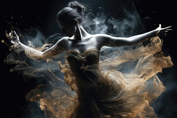 Beautiful ballerina dancing in the studio in magnetic powder and smoke. Generated AI - obrazy, fototapety, plakaty