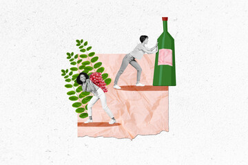 Collage portrait of two mini black white gamma girls push wine bottle hold fresh grape fruit...