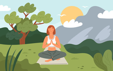 Obraz na płótnie Canvas Outdoor meditation. Harmony with nature. Girl is sitting in lotus position. Woman practicing yoga. Female relax. Balance and serenity. Person meditating in park. Garish vector concept