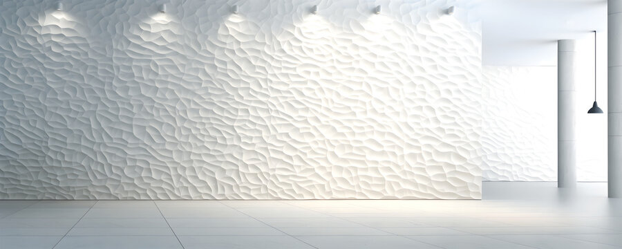 Creative interior concept. Abstract large white light textured room wall with interesting light shadow and corner. Template for product presentation. Mock up 3D rendering	
