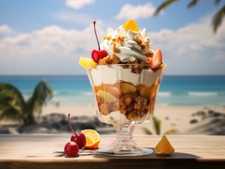 A knickerbocker glory on a table near the beach