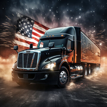 Semitruck with fireworks and american flag