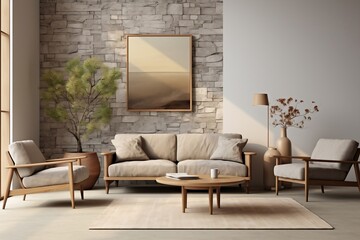 Modern Living Room Interior Vintage Twist. Generative AI