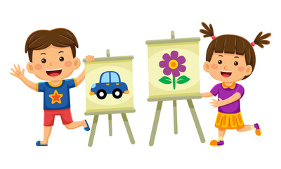 kids showing painting in vector illustration