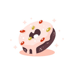 Flat vector illustration of a donut with icing and confectionery crumbs. Sweet dessert isolated on white background