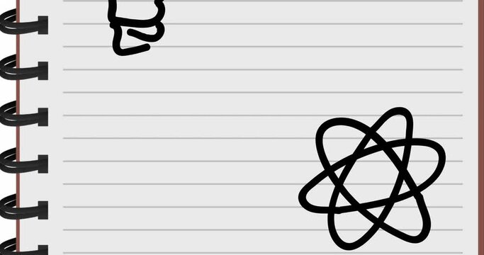 Animation of school and science icons over ruled paper background