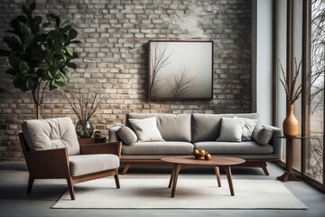 Modern Living Room Interior Vintage Twist. Generative AI