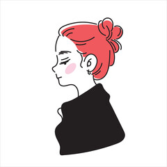 Fashionable flat hand drawn vector illustration of a girl with red hair in profile.