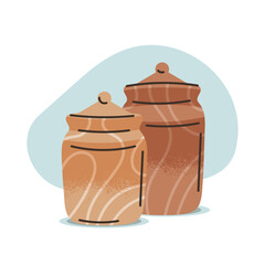 Flat hand-drawn vector illustration of wooden jars for storage of cereals. Scandinavian style in the interior. Cozy hygge atmosphere at home.