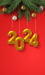 2024 happy new year, christmas design, with golden numbers on red background