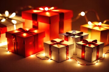 Boxes of gifts decorated with festive garlands. A close-up view. Ai generative.