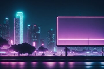 Blank billboard on the road with night cityscape and light trails. AI generated.