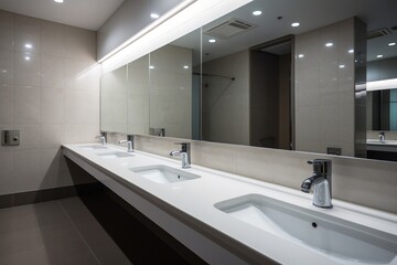 Modern Public Bathroom Rows of White. Generative AI