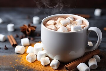 chocolate hot cocoa with marshmallows in a cup. homemade hot chocolate with marshmallows and cinnamon. - obrazy, fototapety, plakaty