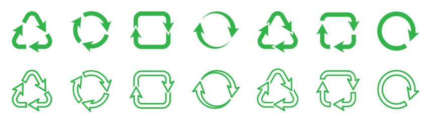 Set of recycling icons. Recycle, arrow, triangle, circle, square. Ecology icons collection, recycling garbage. Vector.