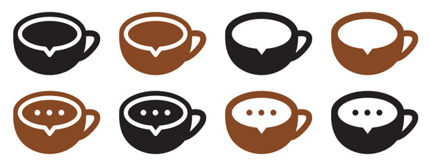 Set of cup of coffee with speech bubble. Coffee cup logo, coffee shop. Vector illustration.