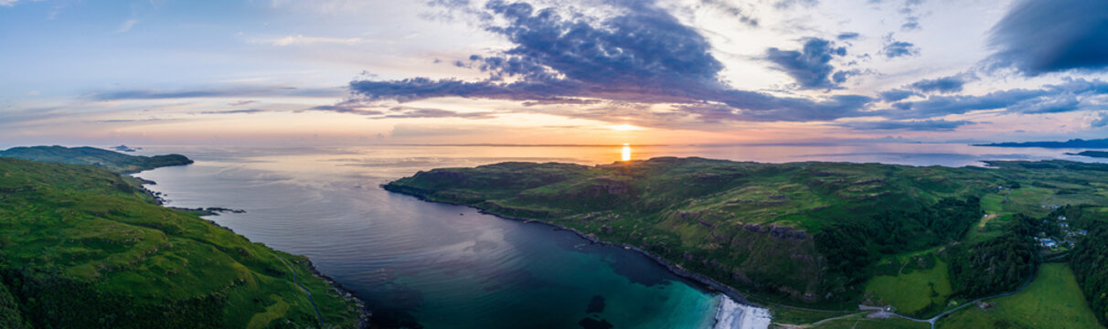 Panorama of Sunset over Calgary Beach and Bay from a drone, Isle of Mull, Scottish Inner Hebrides, Scotland, UK