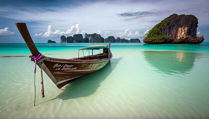 Fototapeta na wymiar beautiful landscape of water with boat, maldives wallpaper and background Generative Ai technology