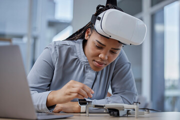 Creative woman, VR and drone on desk for innovation, control or development at the office. Female...