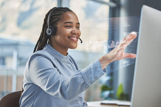 Call center, digital overlay or happy woman on computer in customer support, telemarketing or CRM network. Chart graphs hologram, contact us or girl virtual assistant consulting with headset or smile - Powered by Adobe