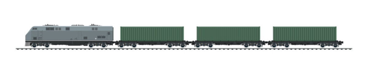 Railway freight wagons, locomotive with cargo container on railroad platform , railway and container transport banner, vector illustration