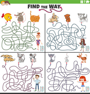 find the way maze games set with cartoon children and pets