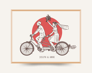 Bride and Groom ride wedding tandem bike illustration line art style