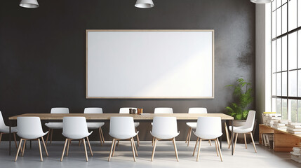 A classroom or presentation room. White chairs, panoramic windows with white copy space and a chalkboard on the wall., Generative AI