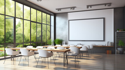 A classroom or presentation room. White chairs, panoramic windows with white copy space and a chalkboard on the wall., Generative AI