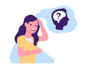 Unfortunate young woman complains of forgetfulness. Poor memory. Mental disorder. Head brain with question. Confused sad girl. Neurology diagnosis. Cognitive problem. Vector concept
