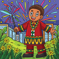 Juneteenth Boy and Fireworks Colored Cartoon