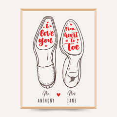 Line art style bride and groom's shoe sole with a quote: I love you from heart to toe