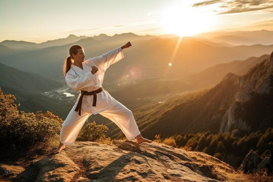 Couple practicing martial arts on the top of a mountain. Generative AI