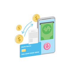 Obraz premium Bank transfer of funds, finance in smartphone. Successful debit, credit card transaction with check, invoice, receipt on Internet. 3d Golden coins. Vector cash back. Refunds, withdrawals. Business.