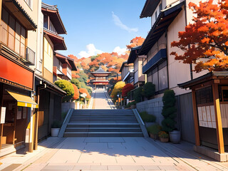 秋の京都の街並_アニメのようなイラスト（Generative AI）
