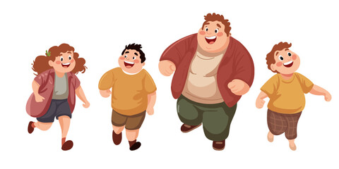 Set of cute happy fat kids, boys and girls, cartoon vector illustration