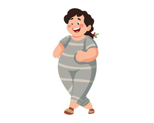 Happy fat girl in pajamas, cartoon vector illustration