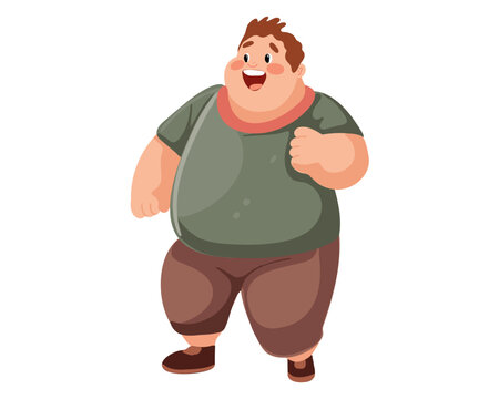 Cute happy fat man doing exercises, cartoon vector illustration