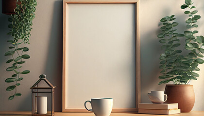 beautiful empty room with empty frame and plant in vase Generated Ai technology