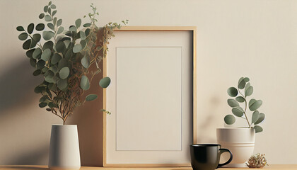 beautiful empty room with empty frame and plant in vase Generated Ai technology