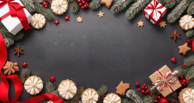 Board, wall, or table with Christmas decorations and a blank space, top view. Ai generative.