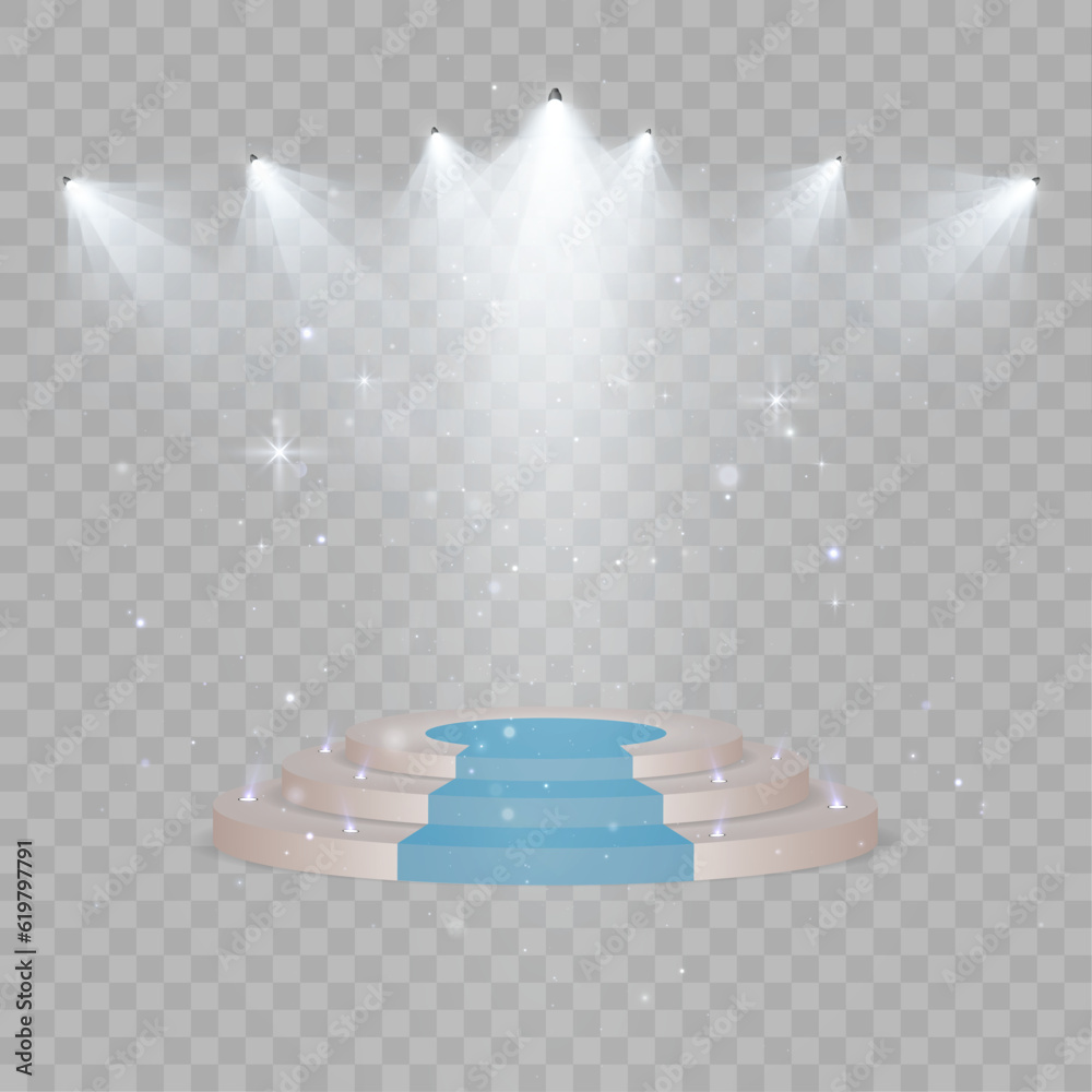 Poster 3d scene - winners podium platform. in the background is a neon circle with special lighting effects