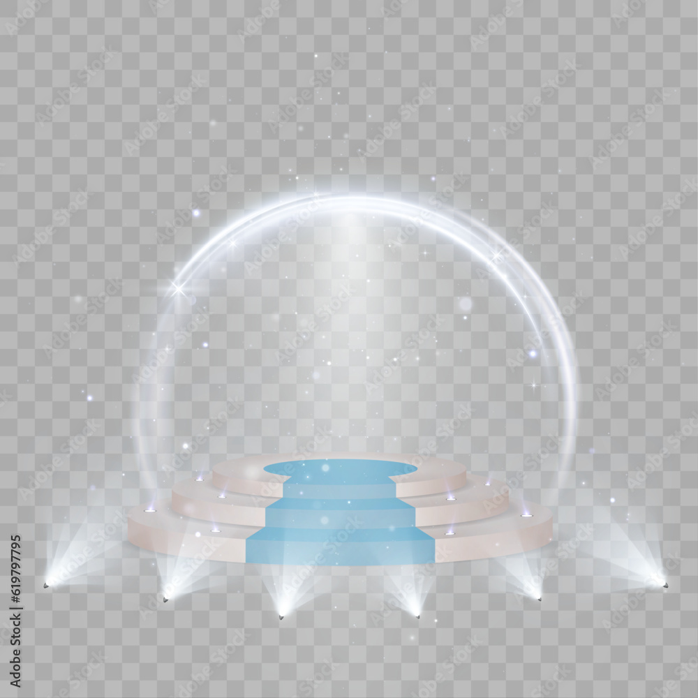 Poster 3d scene - winners podium platform. in the background is a neon circle with special lighting effects