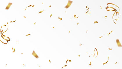 Confetti on a transparent background. Falling shiny golden confetti. Bright golden festive tinsel. Holiday design elements for web banner, poster, flyer, invitation. Vector	
