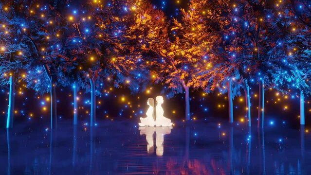 Love and inner peace, man and woman meditate in magic forest. 3d Rendering concept for VJ background, mindfulness content, abstract motion design