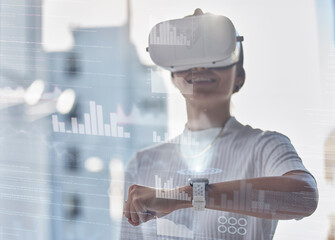Vr, 3d or woman with smart watch, hologram or graphs data for charts info or online update in...